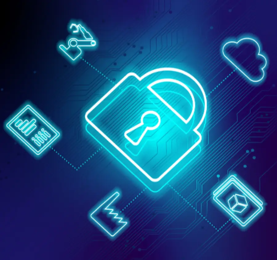 OT Cybersecurity — neon padlock circuit board visualization