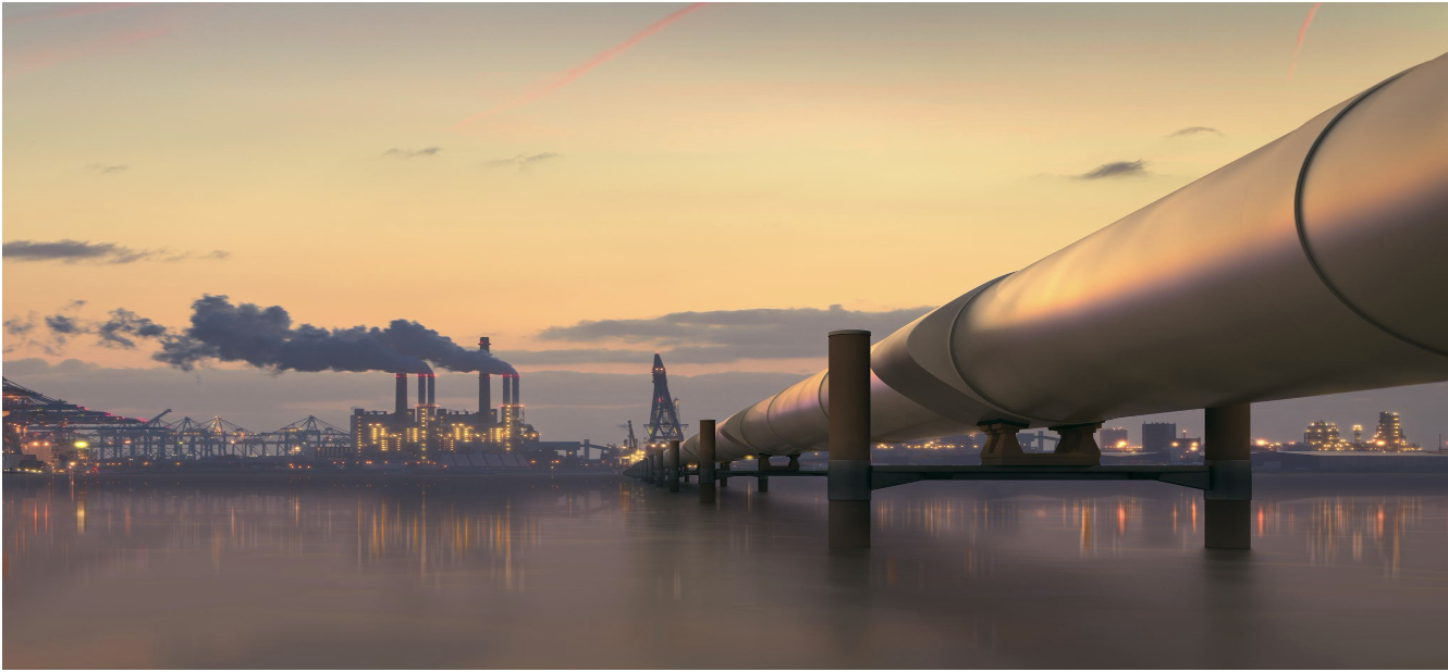 Oil pipeline at sunset over water with industrial facility in background